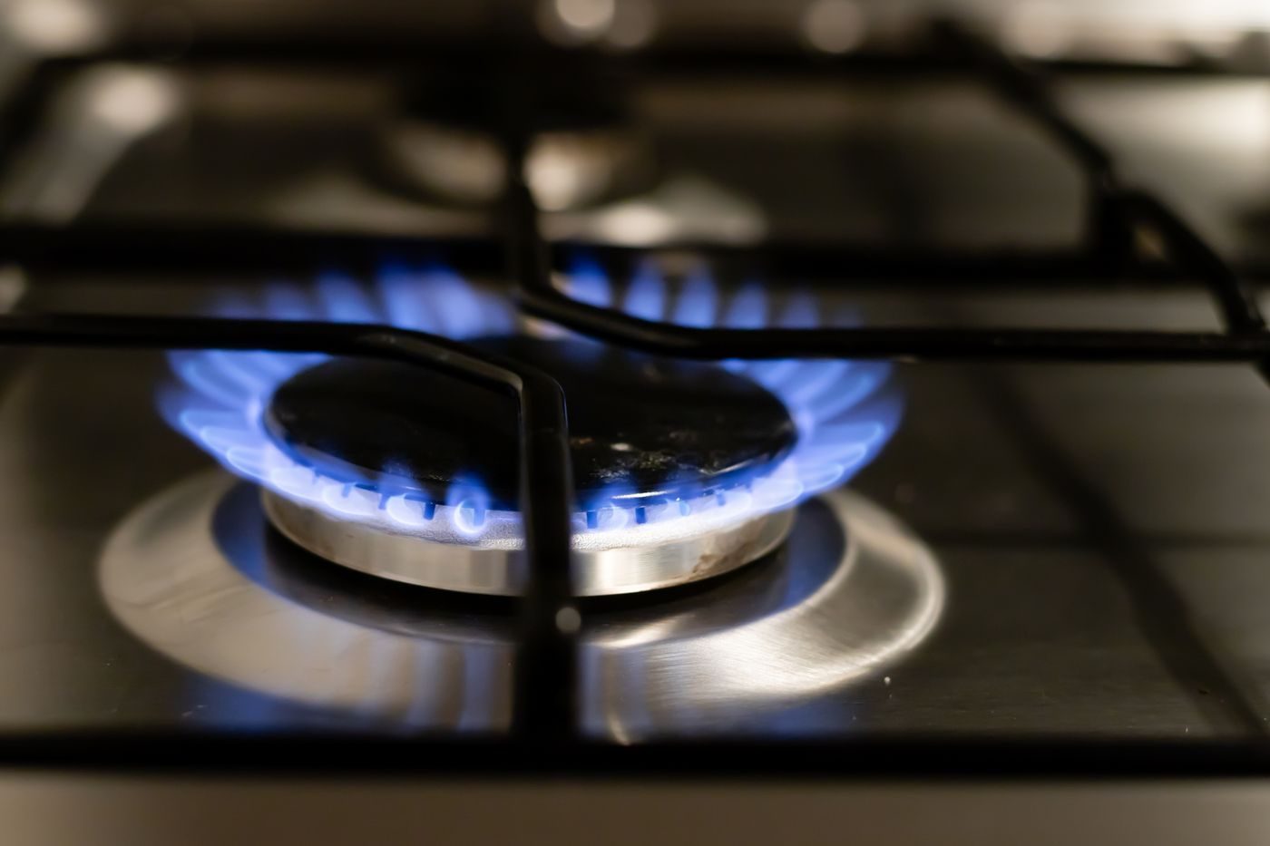 Even blue flame on a gas hob burner under a black pan support